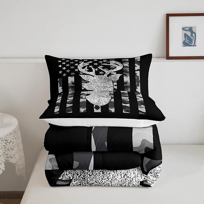American Flag Bedding Set Deer Camo Comforter Set Queen For Kids Boys Teen Man,Western Rustic Black Grey Military Camouflage Bedding Comforters Hunting Deer Antlers Quilt Duvet For All Season 3 Pcs - LeafyLoom