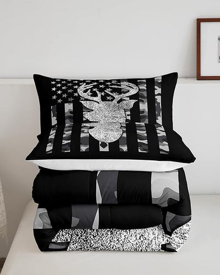 American Flag Bedding Set Deer Camo Comforter Set Full For Kids Boys Teen Man,Western Rustic Black Grey Military Camouflage Bedding Comforters Hunting Deer Antlers Quilt Duvet For All Season 3 Pcs - LeafyLoom