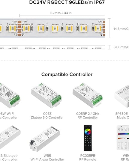 BTF-LIGHTING RGBCCT 5 Colors in 1 LED Tape Lights 5050SMD RGBWW RGB+Dimmable Color Temperature 2700K-6500K 16.4ft 96LED/m 480LED IP67 DC24V White PCB for Home Decoration(No Adapter or Controller) BTF-LIGHTING