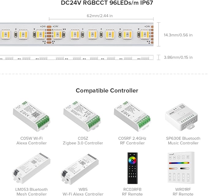 BTF-LIGHTING RGBCCT 5 Colors in 1 LED Tape Lights 5050SMD RGBWW RGB+Dimmable Color Temperature 2700K-6500K 16.4ft 96LED/m 480LED IP67 DC24V White PCB for Home Decoration(No Adapter or Controller) BTF-LIGHTING