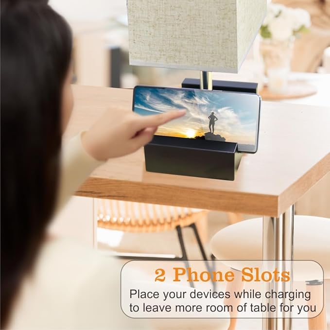 Fully Dimmable Table lamp, Lamps with Two Phone Stands and AC Outlet, Bedside Lamp with Two LED Bulb for Bedroom, Living Room,Study(Set of 2) Fabric - LeafyLoom