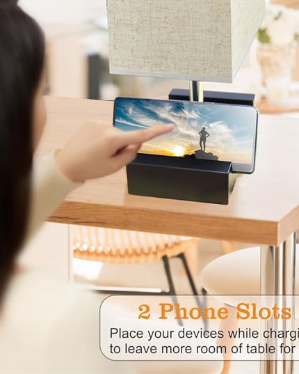 Fully Dimmable Nightstand Lamp for Bedroom with AC Outlet, Table Lamp with Two Phone Stands, Bedside Lamps, Desk Lamp for Bedroom, Living Room, LED Bulb Included Cream - LeafyLoom