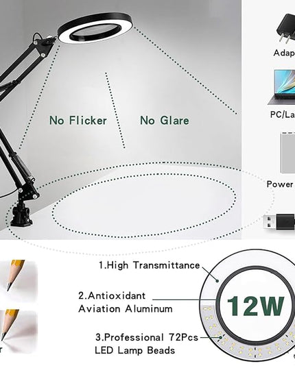Magnifying Glass with Light and Stand, 10X Magnifying Lamp, 2-in-1 Magnifying Desk Lamp with Clamp, 3 Color Mode, Magnifying Glasses with Light for Close Work (2nd Generation Base ＆ Clamp) - LeafyLoom