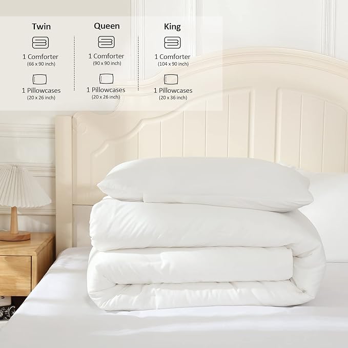 White Comforter Twin Size, Aesthetic Modern Bedding Set for Girls/Women, Cute Soft & Lightweight Chic Microfiber Bed Sets, 2pc- 1 Comforter & 1 Pillowcase (66x90 Inches) - LeafyLoom