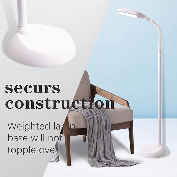 Bright LED Floor Lamp with HI-Off-Low Switch 2-Level Brightness 12W 63 Inches Tall for Living Room & Bedroom Reading, Repair, Crafts, Sewing etc. (White) - LeafyLoom