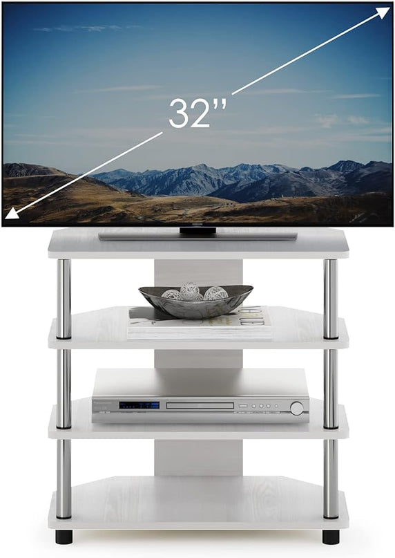Furinno Econ Easy Assembly 4-Tier Petite Entertainment Center TV Stand for TV up to 25 Inch with Stainless Steel Tubes, White Oak/Chrome - LeafyLoom