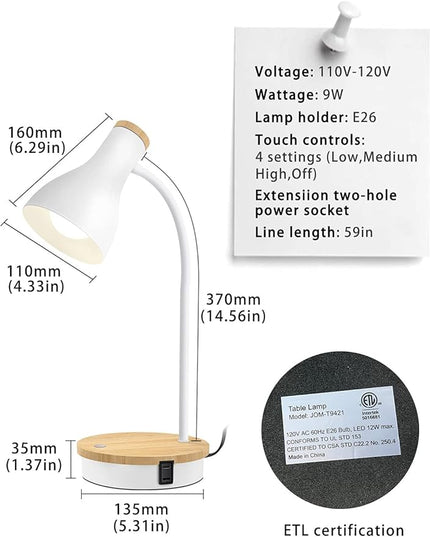 Metal Desk Lamp Touch Reading Lights Table Lamp Arc Desk Lamps for Bedroom, 3 Way Dimmable Bedside Lamp with USB Charging Ports, Reading Lamp for Study Room and Office - (White-02) - LeafyLoom