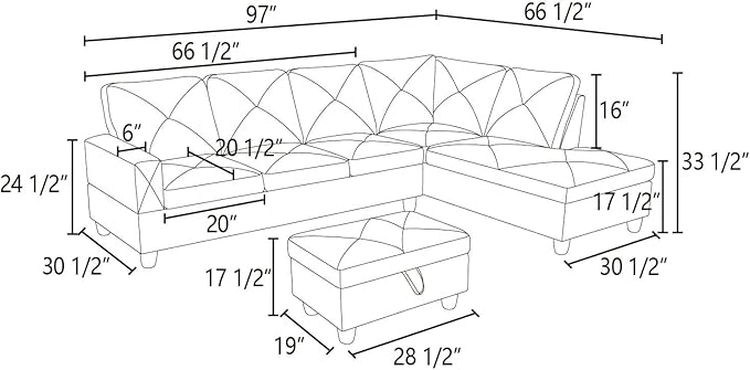 ROOMTEC L Shape Sectional Sofa Set, 5 Seat Upholstered Corner Couch with Storage Ottoman & Right Chaise Lounge, Luxurious Flannelette Tufted Cushions, for Living Room, Apartment, Dark Grey - LeafyLoom