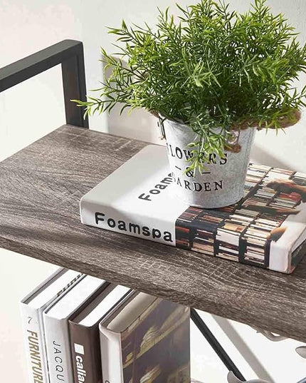 BON AUGURE 3 Tier Bookshelf, Small Rustic Book shelf, Short Industrial Wood Metal Standing Bookcase Etagere for Office, Bedroom and Living Room (Dark Gray Oak) - LeafyLoom