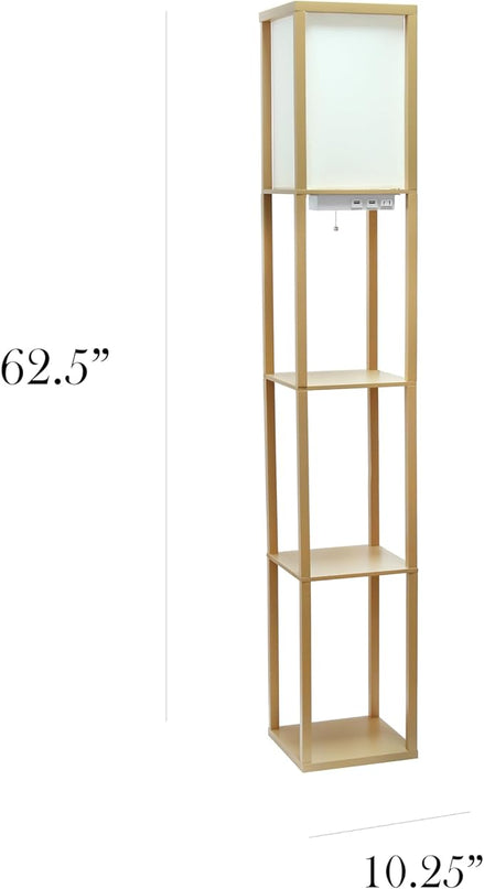 Simple Designs LF1037-TAN-LB Three Shelf Etagere Organizer Storage Floor Lamp with 2 Dual USB Ports and Charging Outlet, Tan, with Feit LED Bulb Included - LeafyLoom