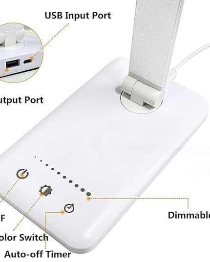 LED Desk Lamp Dimmable Table Lamp Reading Lamp with USB Charging Port, 5 Lighting Modes, Sensitive Control, 30/60 Minutes Auto-Off Timer, Eye-Caring Office Lamp (White) - LeafyLoom