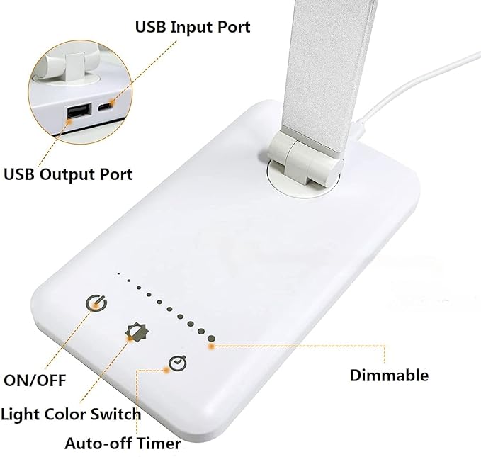 LED Desk Lamp Dimmable Table Lamp Reading Lamp with USB Charging Port, 5 Lighting Modes, Sensitive Control, 30/60 Minutes Auto-Off Timer, Eye-Caring Office Lamp (White) - LeafyLoom