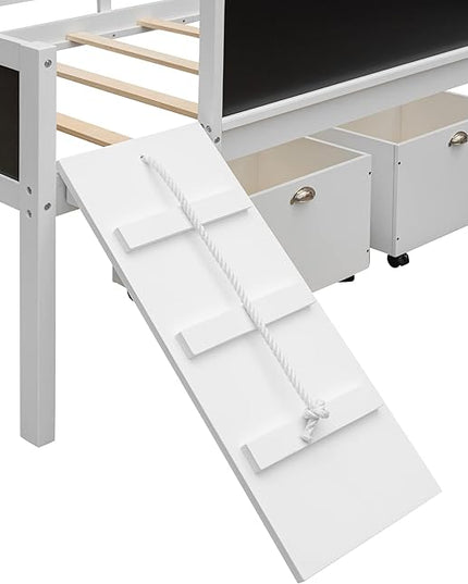 Bellemave Twin Size Wooden Low Loft Bed Frame with Two Storage Boxes,Kids Loft Bed with Slide and Climbing Frame for Boys & Girls,White - LeafyLoom