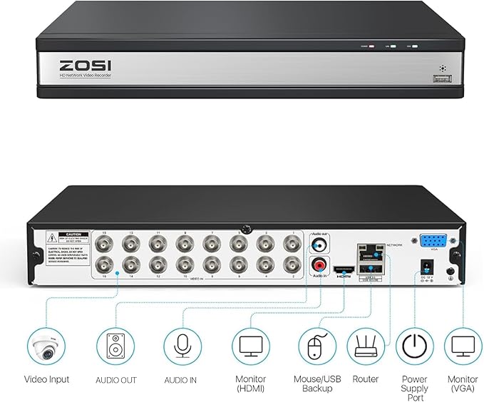 ZOSI H.265+ Full 1080P 16 Channel Hybrid 4-in-1 Surveillance CCTV DVR with 2TB HDD for 960H,CVI,TVI,AHD Home Surveillance Cameras,with Remote View,Motion Detection ZOSI