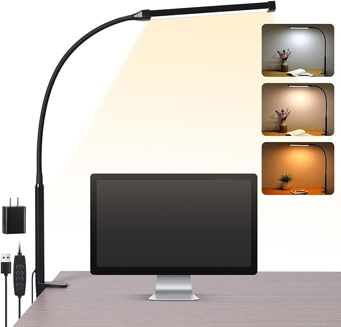 LED Desk lamp with Clamp, Eye-caring Clip on Lights for Home Office, 3 Modes 10 Brightness, Long Flexible Gooseneck,Metal, Swing Arm Architect Task Table Lamps with USB Adapter, Black - LeafyLoom
