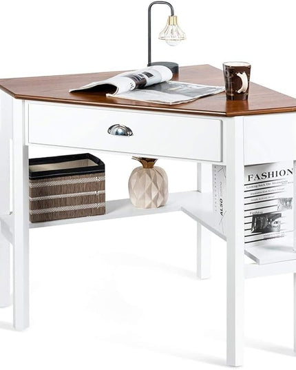 Nightcore Small, Wood Computer Desk, Compact Writing w/Drawer & Storage Shelves, Space Saving Study Workstation, Laptop PC Corner Table, Natural - LeafyLoom