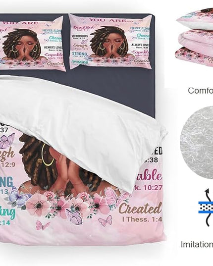 Kids Comforter Sets Queen Size, Prayer Girl and African American Girl Inspirational Quotes with Floral Butterfly, Teens Bedding Sets for Girls Women (Queen, Pink White) - LeafyLoom
