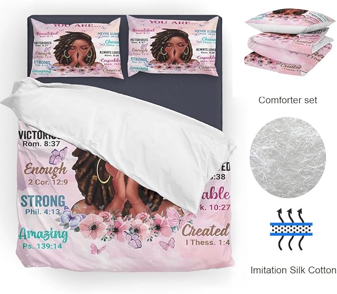 Kids Comforter Sets Queen Size, Prayer Girl and African American Girl Inspirational Quotes with Floral Butterfly, Teens Bedding Sets for Girls Women (Queen, Pink White) - LeafyLoom