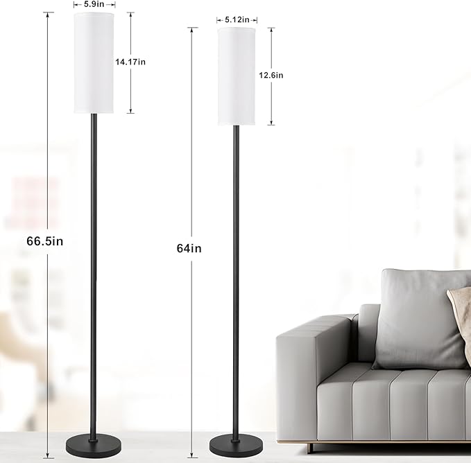 Ambimall 66'' Floor Lamps for Living Room with Remote Control and Stepless Dimmable Colors Temperature & Brightness, 9W Bulb Included(White Lampshade & Black Pole) - LeafyLoom
