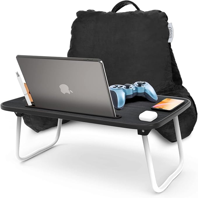 Nestl Reading Pillow with Portable Laptop Lap Desk, Velvet Feel Back Pillow for Sitting in Bed, Shredded Memory Foam Back Support Pillow for Bed, Bed Rest Pillow with Arms, Small - Black - LeafyLoom