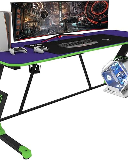 63 Inch Gaming Desk, with Carbon Fiber Surface, Lightning-Shaped PC Computer Table, with Headphone Holder, Cup Holder, Cable Management Box, Gaming Table for Gamer, Purple&Green - LeafyLoom