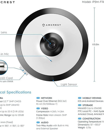 Amcrest Fisheye IP POE Camera, 360° Panoramic 5-Megapixel POE IP Camera, Fish Eye Security Indoor Camera, IVS Features and People Counting, MicroSD Recording, IP5M-F1180EW-V2 (White) Amcrest