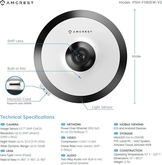 Amcrest Fisheye IP POE Camera, 360° Panoramic 5-Megapixel POE IP Camera, Fish Eye Security Indoor Camera, IVS Features and People Counting, MicroSD Recording, IP5M-F1180EW-V2 (White) Amcrest