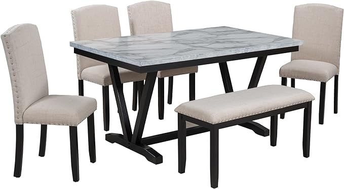 6-Piece Dining Table Rectangular Marbled Veneers Tabletop, V-Shaped Legs, 4 Chairs, 1 Bench with Padded Cushion-Ideal Living Room Furniture Set, White - LeafyLoom