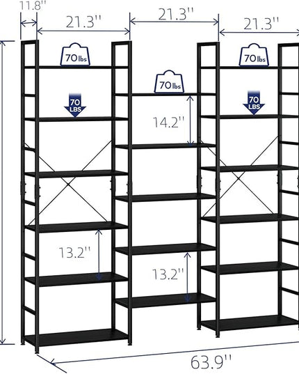 NUMENN Triple Wide 6 Tier Bookshelf, Rustic Industrial Style Bookcases and Bookshelves with 17 Open Display Shelves, Modern Tall Bookcase Furniture for Bedroom, Living Room and Home Office, Black - LeafyLoom