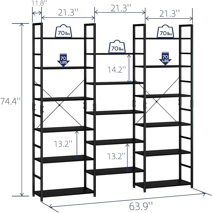 NUMENN Triple Wide 6 Tier Bookshelf, Rustic Industrial Style Bookcases and Bookshelves with 17 Open Display Shelves, Modern Tall Bookcase Furniture for Bedroom, Living Room and Home Office, Black - LeafyLoom