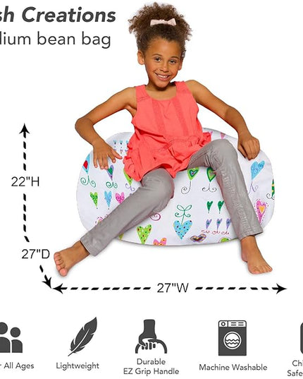 Posh Creations Bean Bag Chair for Kids, Teens, and Adults Includes Removable and Machine Washable Cover, Canvas Multi-Colored Hearts on White, 27in - Medium - LeafyLoom