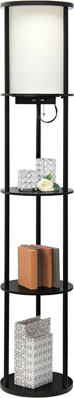 Simple Designs LF2010-BLK 62.5" Round Modern Shelf Etagere Organizer Storage Floor Lamp with 2 USB Charging Ports, 1 Charging Outlet and Linen Shade for Living Room Bedroom Office, Black - LeafyLoom