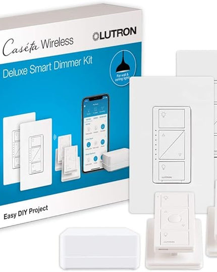 Lutron Caseta Original Smart Dimmer Switch Kit, 2 Dimmer Switches, 2 Wall Plates, 2 Remotes, 2 Pedestals, and Smart Hub, Works with Alexa, Apple Home, Google Home, 3Way, 150W, No Neutral, P-BDG-PKG2W Lutron