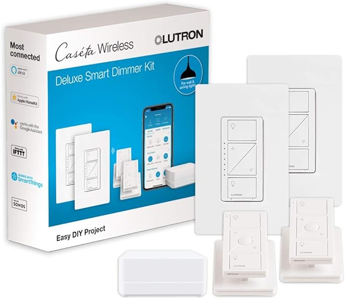 Lutron Caseta Original Smart Dimmer Switch Kit, 2 Dimmer Switches, 2 Wall Plates, 2 Remotes, 2 Pedestals, and Smart Hub, Works with Alexa, Apple Home, Google Home, 3Way, 150W, No Neutral, P-BDG-PKG2W Lutron