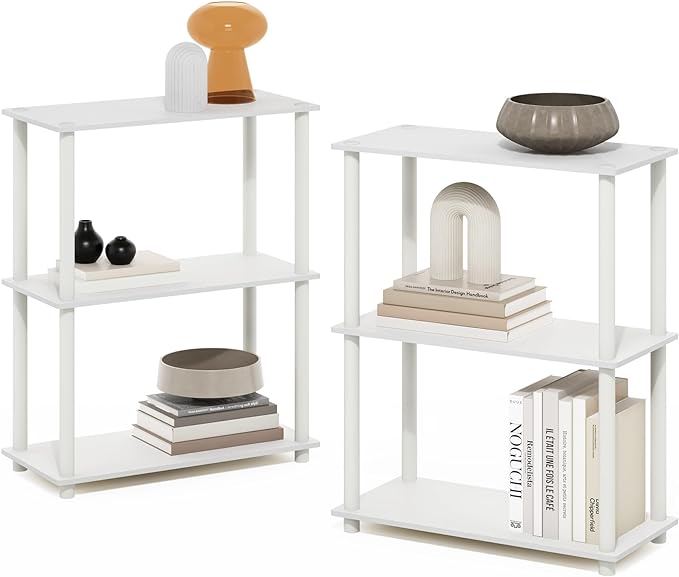 Furinno Turn-N-Tube 3-Tier Compact Multipurpose Shelf Display Rack, White/White, Set of 2 - LeafyLoom