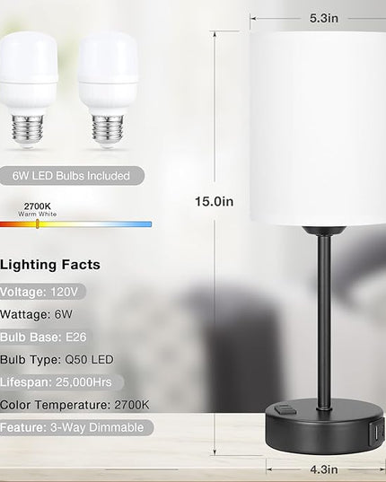 Innqoo White Touch Bedroom Lamps Set - 3 Way Dimmable Bedside Lamps with USB C and A Ports and Outlets, Nightstand Lamps with Black Base, Small Lamps for Nursery Office - LeafyLoom