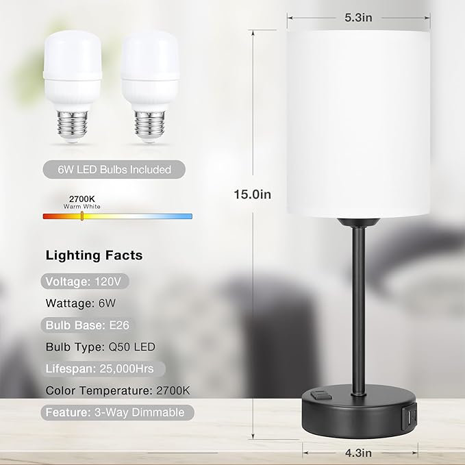 Innqoo White Touch Bedroom Lamps Set - 3 Way Dimmable Bedside Lamps with USB C and A Ports and Outlets, Nightstand Lamps with Black Base, Small Lamps for Nursery Office - LeafyLoom
