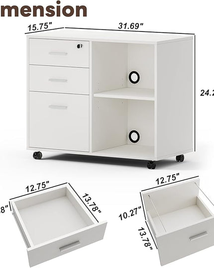 Maxtown Wood Filing Cabinet, Mobile Lateral Filing Cabinet with Lock, 3 Drawer Filing Cabinet with Open Storage Shelves, Printer Stand with Storage, White - LeafyLoom