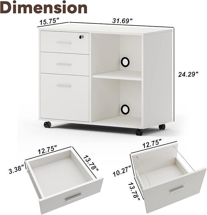 Maxtown Wood Filing Cabinet, Mobile Lateral Filing Cabinet with Lock, 3 Drawer Filing Cabinet with Open Storage Shelves, Printer Stand with Storage, White - LeafyLoom