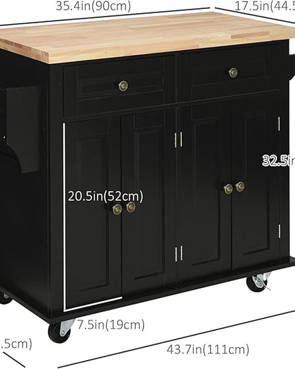 HOMCOM Kitchen Island on Wheels, Rolling Cart with Rubberwood Top, Spice Rack, Towel Rack and Drawers for Dining Room, Black - LeafyLoom