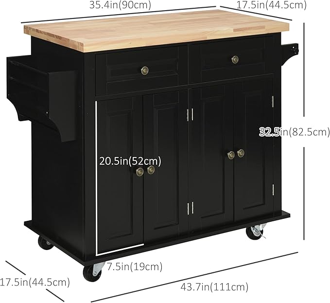HOMCOM Kitchen Island on Wheels, Rolling Cart with Rubberwood Top, Spice Rack, Towel Rack and Drawers for Dining Room, Black - LeafyLoom