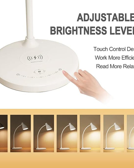 LED Desk Lamp with 15W Wireless Charger & USB Charging Port, 5 Colors, 6 Brightness Dimmable Reading Lamp Eye Care Touch Control Metal Table Lamp Flexible Gooseneck Desk Light for Home Office - LeafyLoom