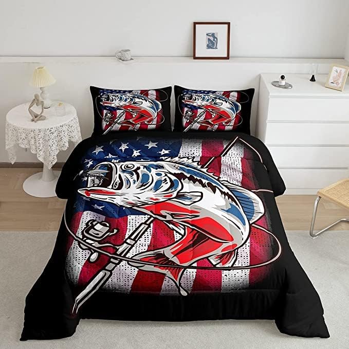 Fishing Comforter King Bass Fish American Flag Bedding Set Farmhouse Pike Fishing Comforter Set for Kids Boys Girls Teens Room Wild Fish Decor Red Blue Stripe Quilt Down Comforter Boys - LeafyLoom