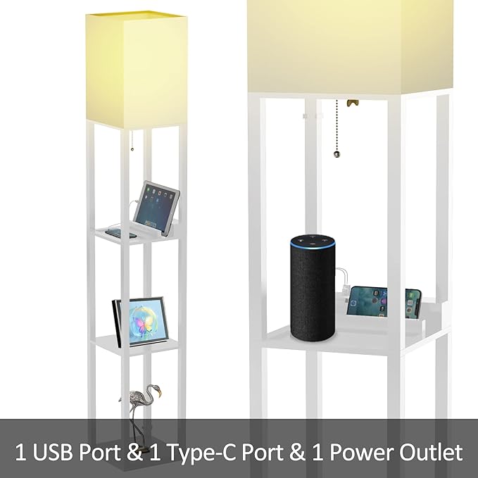 PAZZO Floor Lamp with Shelves, Shelf Floor Lamps by Real Solid Wood with 2 Charging Ports and 1 Power Outlet, Floor Lamps for Bedrooms, Lamps for Living Room,Bulb Included,White - LeafyLoom
