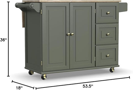 Homestyles Mobile Kitchen Island Cart with Wood Top and Dropleaf Breakfast Bar, 18" D x 53.5" W x 36" H, Green - LeafyLoom