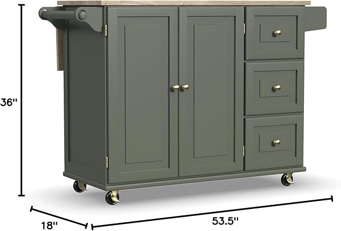 Homestyles Mobile Kitchen Island Cart with Wood Top and Dropleaf Breakfast Bar, 18" D x 53.5" W x 36" H, Green - LeafyLoom