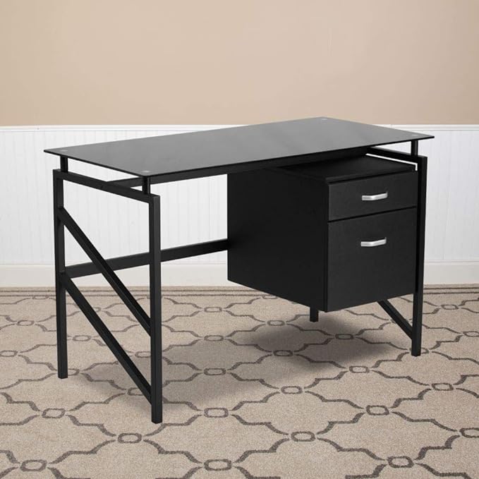 Flash Furniture Singleton Glass Desk with Two Drawer Pedestal,Black - LeafyLoom