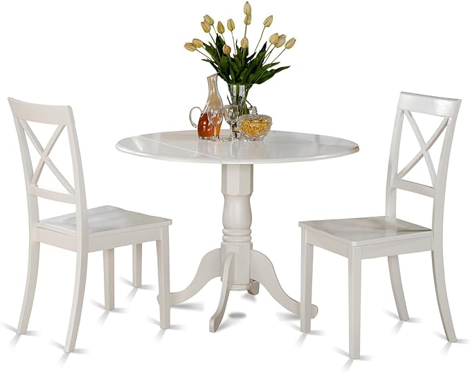 East West Furniture DLBO3-WHI-W 3 Piece Dining Room Table Set Contains a Round Kitchen Table with Dropleaf and 2 Dining Chairs, 42x42 Inch, Linen White - LeafyLoom