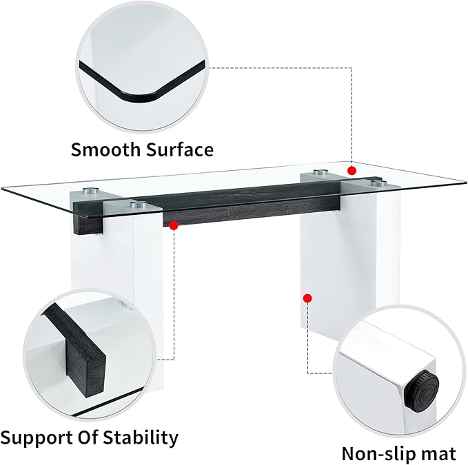 NicBex Large Modern Simple Rectangular Glass Table for 6-8 People, Equipped with 0.4-Inch Tempered Glass Table Top and Large MDF Table Legs for Kitchen, Dining Room, Living Room, White - LeafyLoom