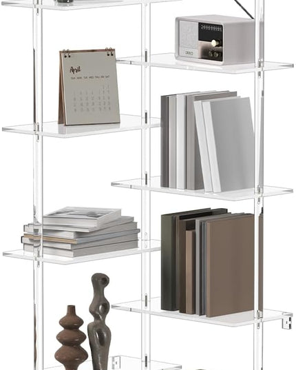 Acrylic Corner Bookshelf, Wall Mounted, 10-Tier L Shaped Bookshelf with Open Shelves, Multipurpose Clear Ladder Bookcase for Living Room, Bathroom, Office, Modern, 73.6" H - LeafyLoom